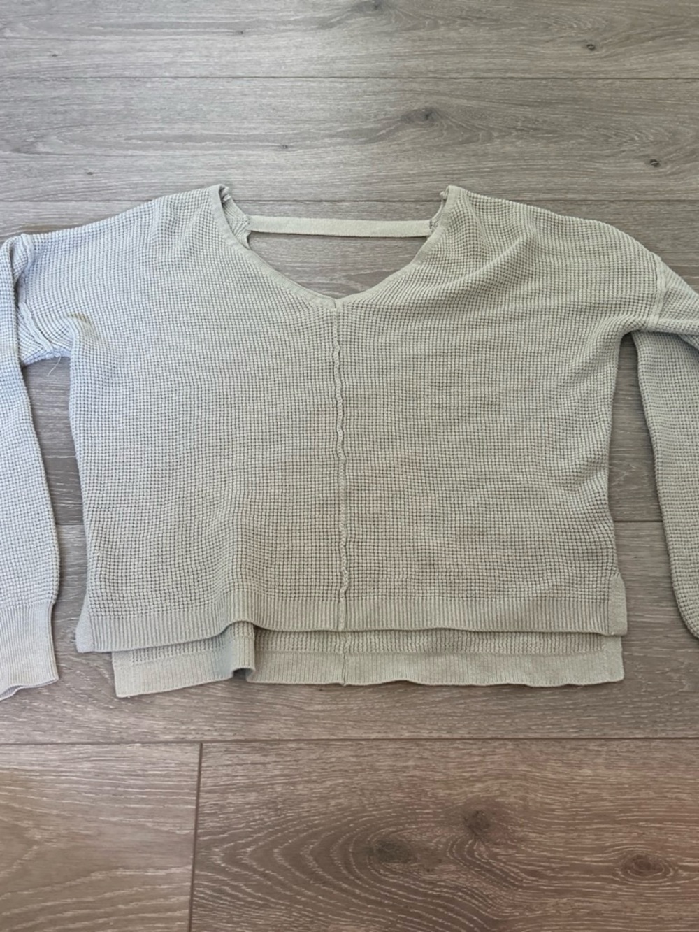 Hippie Rose Sage Waffle-Knit V-Neck Layered Hem Sweater